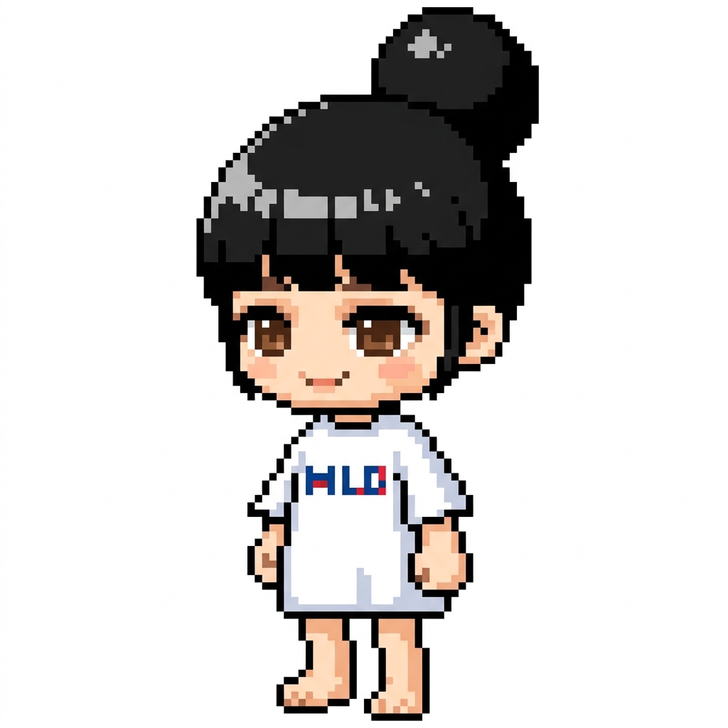 오늘은 일정이 취소되어서 주로 잠옷을 입었어. 흰색 긴 원피스같은 MLB 티셔츠를 입었어. 머리는 똥머리로 묶었고. 맨발이야.