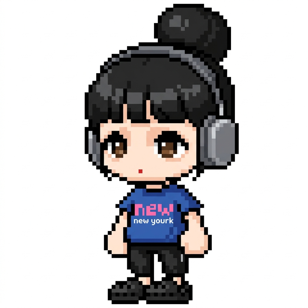 오늘은 똥머리로 묶은 다음에 파란색 면 에 핑크색으로 일본어 레터링이 들어가있고 new yourk이라고 써진 티셔츠를 입고, MLB 여름용 검은색 조거팬츠에, 검은색 크록스를 신었어. 그리고 에어팟 맥스를 꼈어.